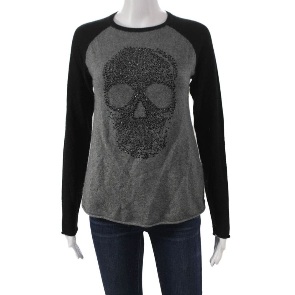 Aqua Cashmere Womens Gray Skull Graphic Crew Neck Pullover Size XS